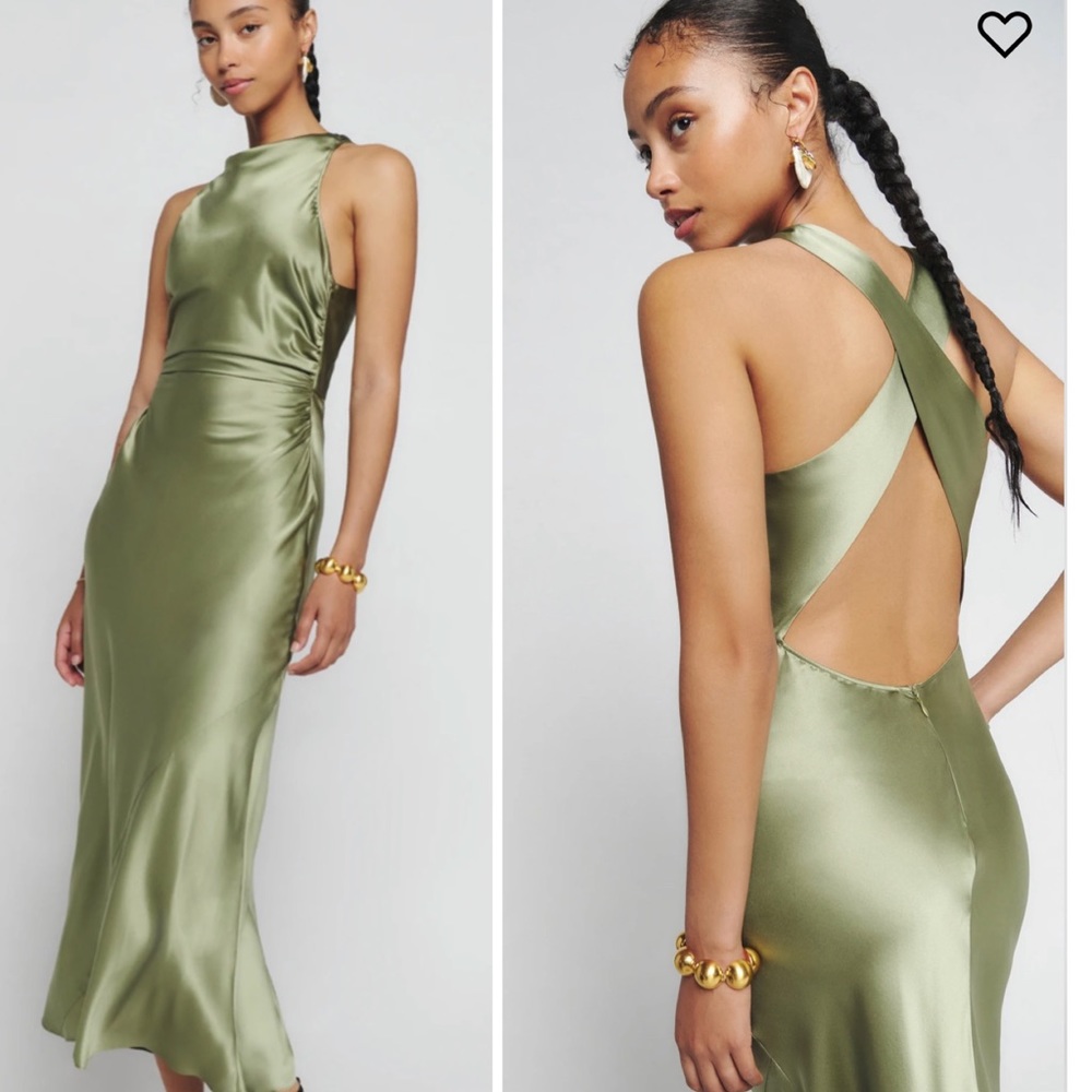 BNWT $330 Reformation Casette Silk Dress Sz 2 XS Small Artichoke Green Midi Maxi